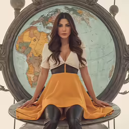 a woman in a yellow dress with long black boots sitting on top of a suitcase
