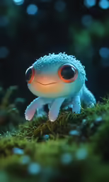 a blue frog with red eyes standing on grass
