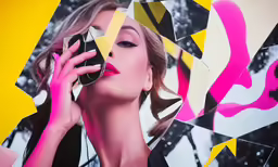 a woman with bright eyes is putting her face through a piece of black and yellow paint