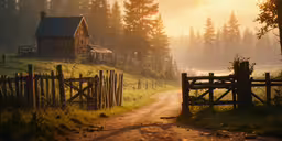 the sun is setting over the house and a country road,there is a house that is on the hill