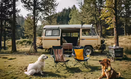 dogs sitting at outdoor campsite with rv in background