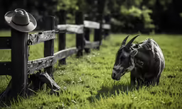 a goat with horns standing by a wooden fence
