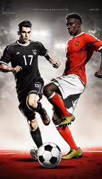 two soccer players running after the soccer ball,two men kicking soccer balls on a field