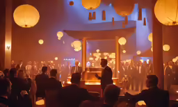 man standing on stage in middle of room surrounded by people and lanterns