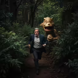 the man is running along the path with an animal head