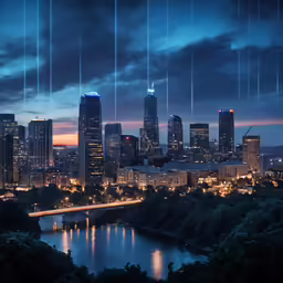 a night time view of a city with tall buildings