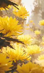 yellow flowers sitting in the middle of a forest