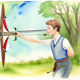 a drawing of a boy aiming with a bow and arrows,the boy is getting ready to aim with his arrow