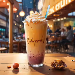 there is a drink with topping on top sitting on the table,a cup of iced coffee sitting on top of a table
