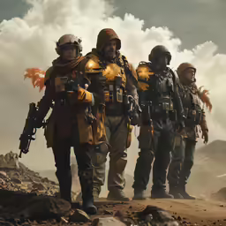 three people in yellow jackets and hats standing on a rocky slope