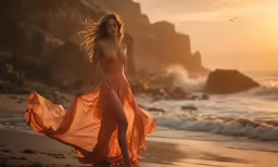 woman walking at beach in orange dress with waves crashing around
