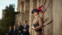 some people in suit and tie stand by a stone wall