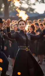 a man standing in front of a woman with a fire behind her