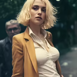 a woman is shown standing near a man