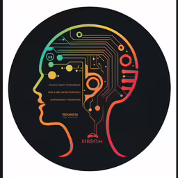 a black circle with a drawing of a head and words in it