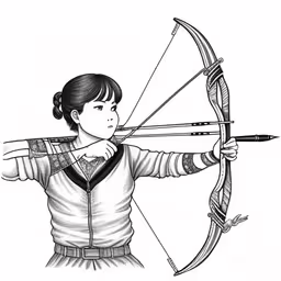 a drawing of a girl holding a bow and arrow,drawing of a girl aiming a bow by hand