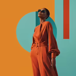 a woman in an orange jumpsuit poses in front of colorful geometric background