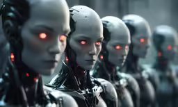 futuristic robots staring at each other with red eyes