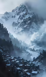a snowy town with a mountain in the background