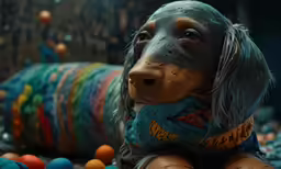 a colorful toy with an odd looking dog in the background