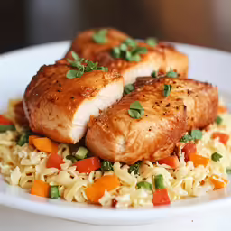 two pieces of fish over a pile of rice with carrots