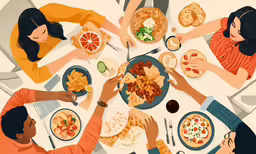 an illustration shows people eating together at a table