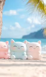 four ceramic cats that are sitting next to each other on a sandy beach