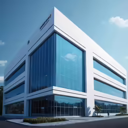 the exterior of a large white building with lots of windows