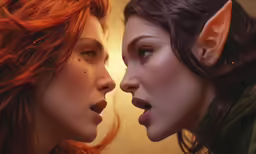 two elf - like women facing each other while looking at each other