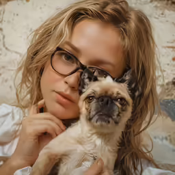 a woman in glasses holding a small dog