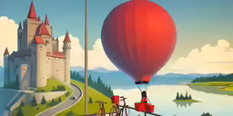 a picture with a hot air balloon and a castle