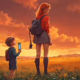 a girl standing in a field and another girl standing holding a camera and a cell phone,the girl stands and looks at the cell phone while the boy is in the field