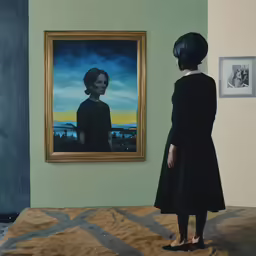 a woman looks at a painting in an art museum