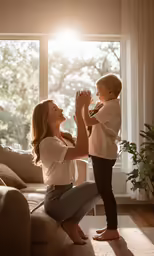 a woman holding a child on her chest in front of a window