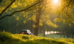 a car parked on the grass beside a tree with the sun shining in the background
