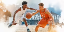 two men on opposing teams are playing a basketball game