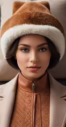 a woman wearing a brown hat with a furry tail