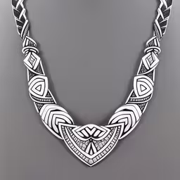 a necklace with ornate geometric designs on it,a necklace with black and white design in the middle,a black and white photo of a necklace,a close up of a necklace with an ornament pattern,necklace made from black and white paper on a gray background