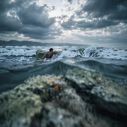 the man in the wet suit is swimming through water