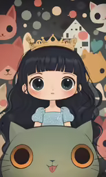 an anime character wearing a crown sitting next to a cat