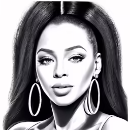 a drawing of a woman with long hair and huge hoop earrings