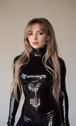 an attractive woman in a latex outfit, posing for a camera