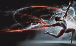a beautiful ballerina stretching with red swirls
