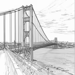 a pencil drawing of the san francisco skyline, with the golden gate bridge in the background