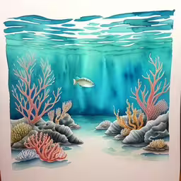 watercolor painting with a fish and some seaweed in the middle of the frame,an illustration is painted on the wall of a bedroom,an artistic painting shows the underwater scene with corals and a fish,the painting is a very colorful and artistic,there is a painting on the wall under water