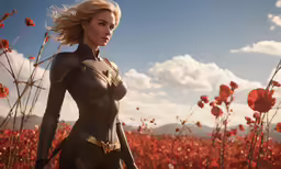 the beautiful wondergirl stands in an orange flower field