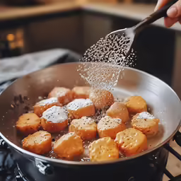 there is someone pouring sugar into the pan with food