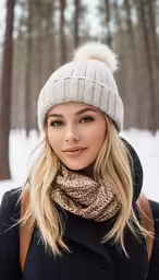 a blonde female wearing a beanie and scarf