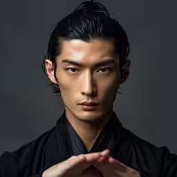 a young asian man poses in an artistic portrait,a young man in black shirt holding his hands out