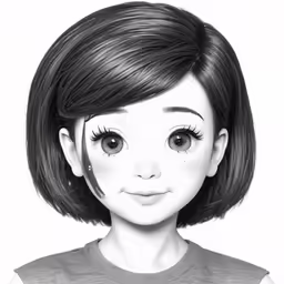 a black and white photo of a girl with a short haircut